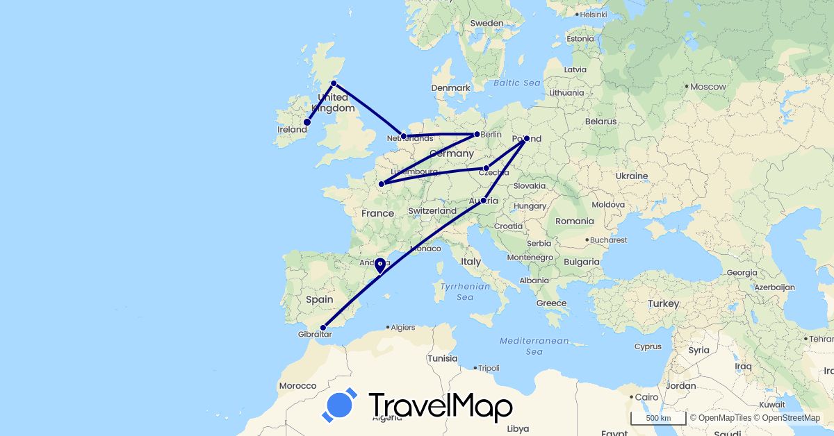TravelMap itinerary: driving in Austria, Czech Republic, Germany, Spain, France, United Kingdom, Ireland, Netherlands, Poland (Europe)